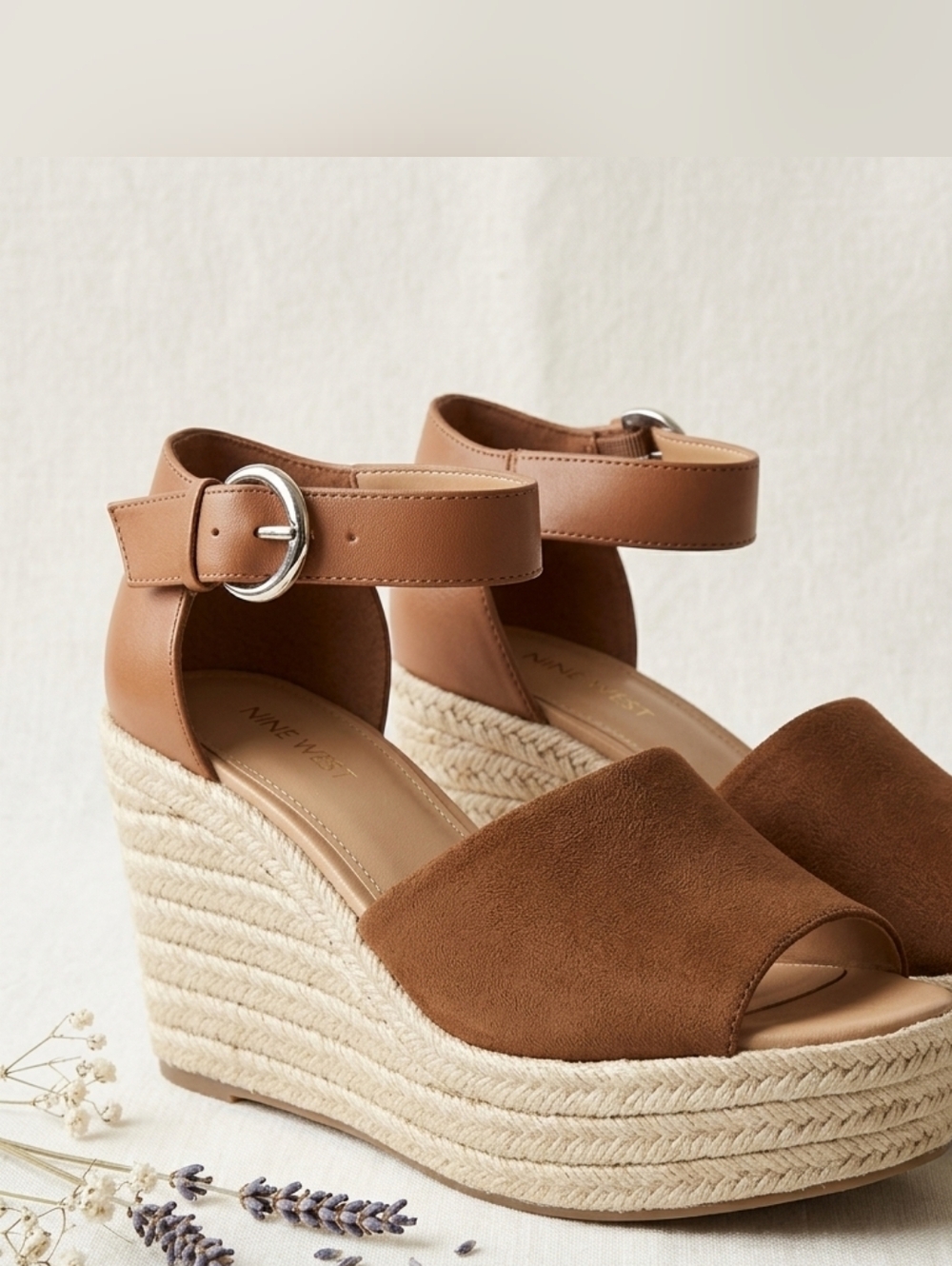 NINE WEST Adell Brown Espadrille Wedge Sandals 7.5 Boho Neutral Summer Staple